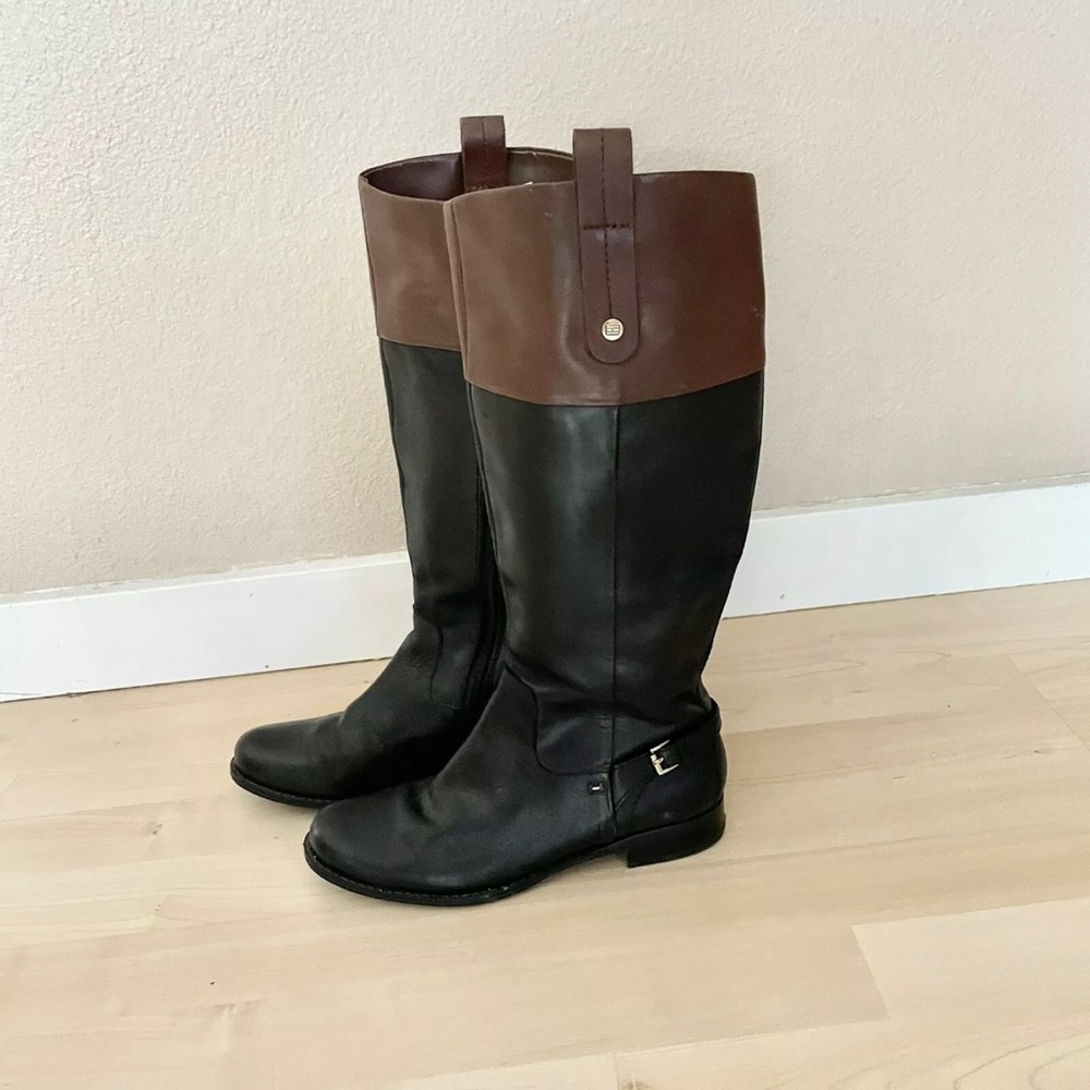 Tommy Hilfiger Black Brown Riding Boots Stretch Wide Calf Shoes Equestrian